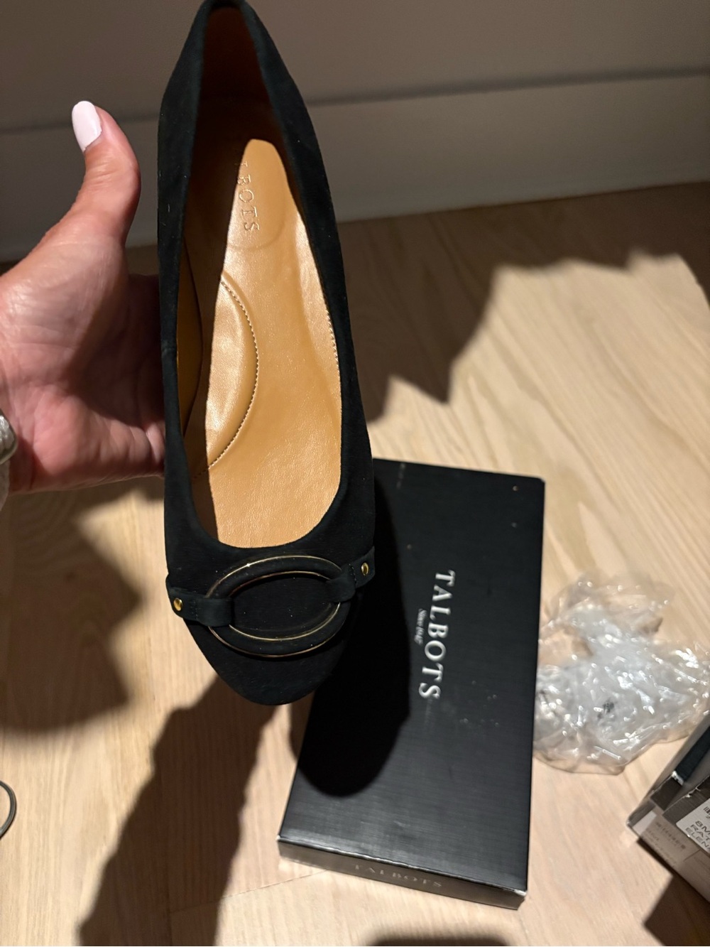 Talbots Black Suede Round-Toe Flat with Decorative Ring